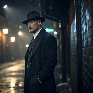 Tom Hardy in promotional still for Peaky Blinders. Wears black suit, fedora. Dark alley background