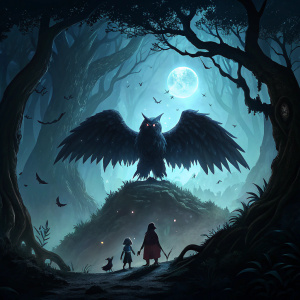 Fantasy artwork for 'Ori and the Blind Forest'. Dark and eerie scene with a large winged creature and smaller companions. Dominant dark colors with hints of blue and green. From Moon Studios, showcased at E3 2017.