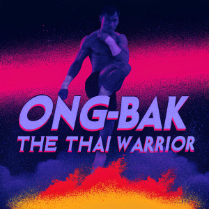 Tony Jaa in intense action pose. Fiery red and orange background. Prominent text: Ong-Bak: The Thai Warrior. Movie poster aesthetic.