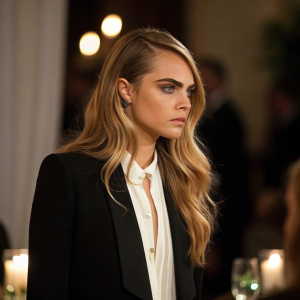 Cara Delevingne, with long blonde hair, in a formal setting. Wearing a black blazer with a white blouse underneath. Soft lighting illuminates her serious expression. The background is blurred and dimly lit.