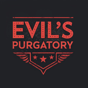 The logo for 'Evil’s Purgatory' is a dark and bold design, utilizing a red and black color scheme with an angular font. The prominent text stands out against a black background, creating an aggressive and ominous feel.