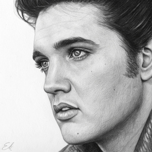 Close-up portrait of Elvis Presley. Focus on eyes, nose, and mouth. Detailed shading and texture. Pencil drawing by @saschaschuerz