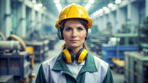 Portrait of a women worker in a factory wearing protective wear