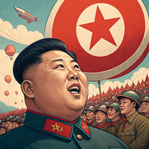Caricature of Kim Jong-un in vibrant colors. Depicted with a giant, circular emblem above his head. Crowd of small figures surrounding him.