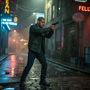 Nathaniel Arcand in a gritty scene from 'FBI: Most Wanted'. Dark alleyway with neon signs in the background, rain-soaked cobblestones, and a tense, aggressive pose with a gun