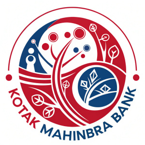 Kotak Mahindra Bank's logo featuring a playful circle and creative design elements. Predominantly red with accents of blue and white.