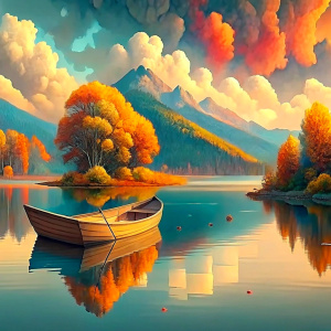 painting of a boat floating on a lake with a colorful tree
