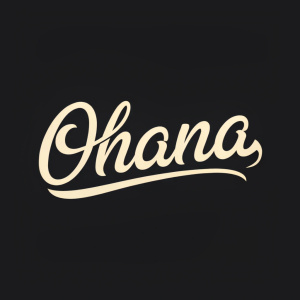 Ohana logo, elegant script on a black background. Modern, sleek font style.