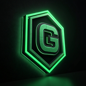 A sleek logo design featuring Discord's emblematic G symbol in neon green, set against a dark background.