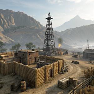 A digital 3D scene from the Warface PvP map 'Blackgold', featuring a rugged fort constructed from woven materials. A large oil derrick stands tall amidst a war-torn landscape, with rugged mountains and hills in the background. Soft diffused lighting creates gentle shadows on the ground, enhancing the game-like atmosphere.