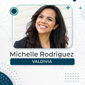 Digital profile of Michelle Rodriguez Valdivia. Smiling headshot alongside contact details and professional achievements listed.