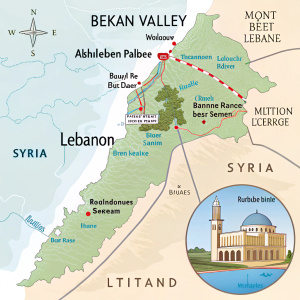 Interactive map highlighting the Bekaa Valley, Mount Lebanon, and the Mediterranean coastline of Lebanon. Key landmarks include Baalbek, Beiteddine Palace, and the Litani River. Nearby regions like Syria and Palestine are also detailed.