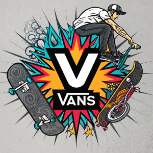 A stylized V logo for Vans, integrating images of skateboards, BMX bikes, and graffiti. The design features a dynamic, monochromatic palette with bursts of vibrant colors and bold, graphic elements.