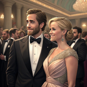 Jake Gyllenhaal and Reese Witherspoon at the Met Gala, elegant gowns and tuxedos. Crowded room, soft lighting
