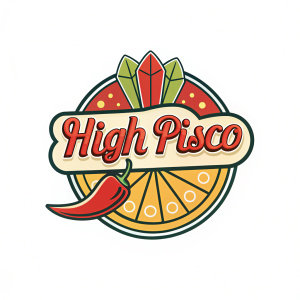 Creative logo design for High Pisco. Colorful, playful style. Bright red font with chili pepper graphic element