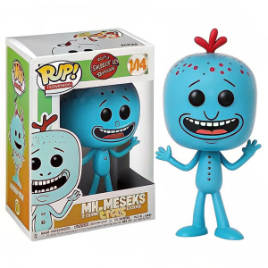 Mr. Meeseeks Funko Pop! figurine. Brightly colored digital illustration. Boxed with character graphic. Playful design