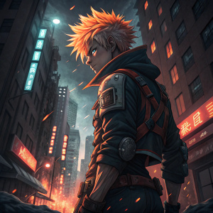 Digital art of Bakugou from 'My Hero Academia'. Neon orange hair. Dark urban background