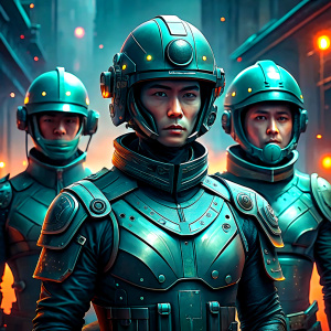 Scifi asian soldiers in a futuristic suit three futuristic male soldiers digital art style illustration painting have face, use a gun, helmet