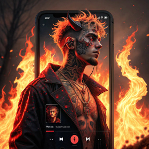Lil Peep's 'Hellboy' album cover. Punk-inspired artwork with intense flames surrounding the figure. Bright, modern music app interface showcasing the album art prominently.