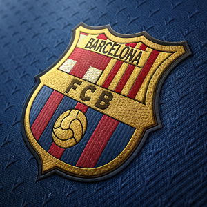 Close-up shot of FC Barcelona's logo. Gold and red colors on a blue background. Detailed metallic appearance.