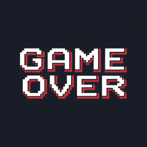 Pixel art rendition of 'GAME OVER' in white text against black backdrop.