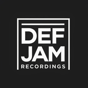 The Def Jam Recordings logo in a minimalist design, featuring a sleek, modern font with bold lines. White with black background, perfect for a strong visual impact.