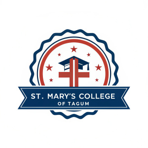 St. Mary's College of Tagum logo. Combines faith, excellence, and service. Modern badge-like design in blue, red, and white. Simple yet impactful.
