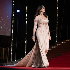 Monica Bellucci in an elegant evening gown. On the glamorous stage of Cannes Film Festival. Dark, dramatic backdrop