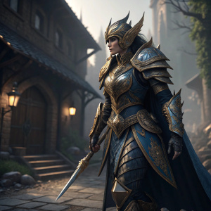 Scarlet Legacy, the fierce warrior from the video game 'Chronicles of Valor'. Dressed in intricate, ornate armor with sharp edges and detailed gold and blue designs. Posing in multiple angles and stances, showing confidence and strength. Set against the backdrop of a dimly lit alleyway and a stone courtyard.