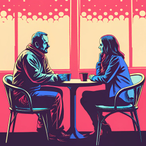 Winona Ryder and Mark Geragos having a casual conversation at a cozy cafe. The atmosphere is warm with soft lighting.