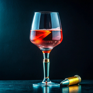7.65 mm bullet penetrating the glass goblet with campari in it in front of a black background