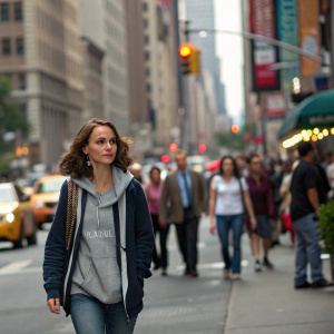 Natalie Portman walking down the street in New York City. She wears a casual outfit. The background is bustling with city life.