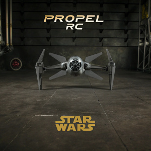 A vibrant promotional image from the Propel RC site. Features a high-tech Star Wars themed drone in the center. Set against a dark backdrop filled with Star Wars logos and brand colors. The sleek, modern design highlights the intricate details of the Star Wars fighter model.
