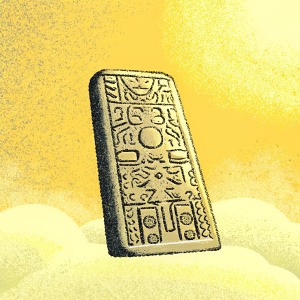 A digital illustration of a stone tablet covered in intricate Mayan hieroglyphs. Pixel art style