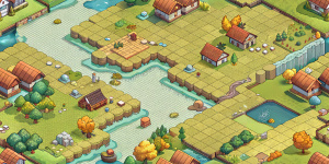 RPG игра, пиксель-арт, река, изометрия, домики, pixel-art