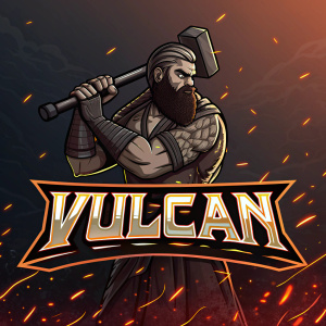 Stylized artwork of a powerful, bearded figure resembling Vulcan. He holds a massive hammer in a dramatic pose, set against a dark, dramatically lit background with fiery sparks. The word VULCAN is prominently displayed in the foreground.