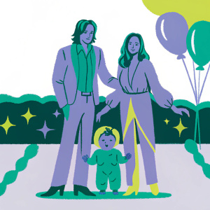 Brad Pitt and Angelina Jolie standing over their baby Shiloh at a Hollywood-themed birthday party.