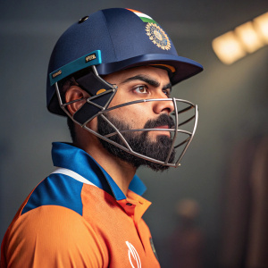 Virat Kohli, cricket star, intense expression. Orange and blue cricket uniform. Indian flag on helmet. Studio lighting, blurred background.