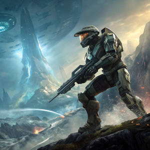 Promotional poster for Halo 4. Spartan warrior, futuristic landscape. Dynamic action scene.