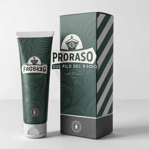 Proraso Sul filo del rasoio shaving gel in sleek modern packaging. Green and grey color scheme with modern stylized font. Advertised in a minimalist setting with focus on product design.