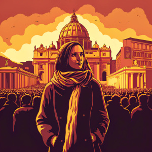 Paloma Garcia Ovejero, Spanish journalist, in the bustling St. Peter's Square. Wearing a black coat and a golden scarf, she stands amidst the vibrant atmosphere of Vatican City.