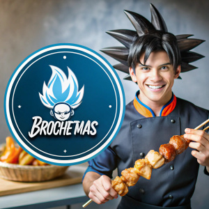 Crea un logo con Goku y que tenga un traje de chef negro y que tenga una Brocheta en la mano, con un fondo color naranja y un circulo azul alrededor de el y que tenga letras en cursiba que digan “Brochetas Más”
