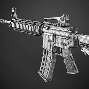 Digital illustration of a detailed M4A1 assault rifle in black and white. Gun rendered in intricate line-art style, showcasing every mechanical component including the trigger mechanism, barrel, and stock. The dark grey background highlights the weapon's structure.