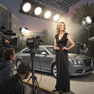 Anna Gunn, in elegant black dress, on the set of a car commercial. Bright studio lights, cameras rolling.