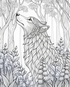 coloring page for adults, Mystical Wolf howling in a Forest of Bluebells, white background, black line art.                                       
