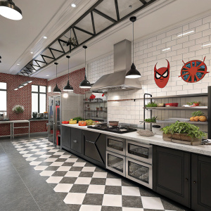 Modern industrial kitchen with Marvel Spider-Man theme. Black and white checkered tiles. High-end appliances. Kitchen tools and fresh ingredients. Bright lighting and pendant lights. Functional and clean design.