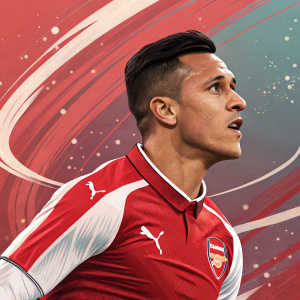 Alexis Sánchez, in a vibrant digital portrait. Dressed in Arsenal's iconic red kit. Dynamic background with swirling patterns