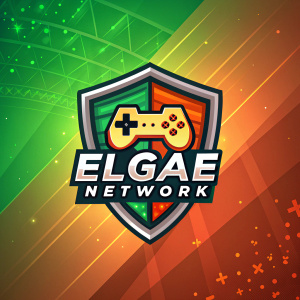 A vibrant digital graphic for Elgae Network, a Minecraft server. The design features a shield emblem with modern gaming elements. The logo and server name are in bold, stylish font. Background is a mix of green, orange, and other hues, giving it a dynamic gaming aesthetic.