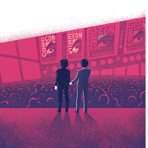 Josh Hutcherson and Haley Joel Osment on stage at a bustling convention center. Crowded event with Comic Con branding