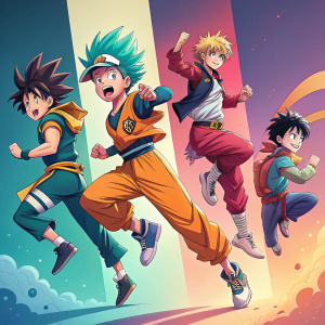 A vibrant collage featuring multiple anime characters in dynamic poses against a gradient background.